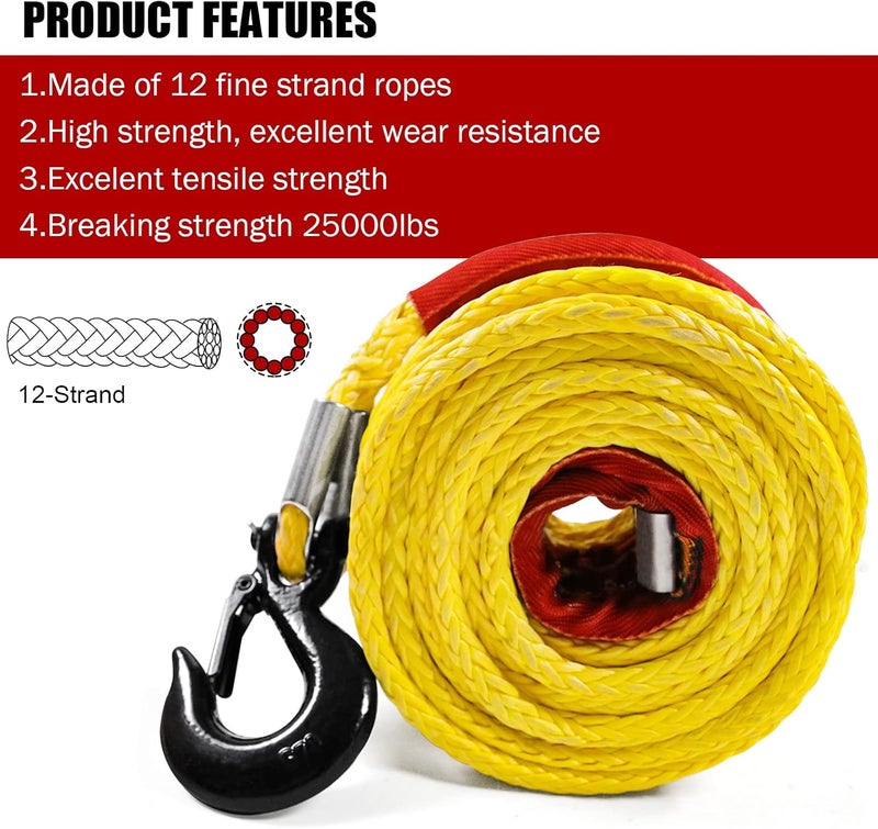 Perantlb Synthetic Winch Rope 1/2" x 92'-25000 lbs Winch Line with Protective Sleeve,Forged Winch Hook,Safety Pull Strap go for 4WD Road Vehicle Truck SUV ATV UTV（Yellow）… - Image 4